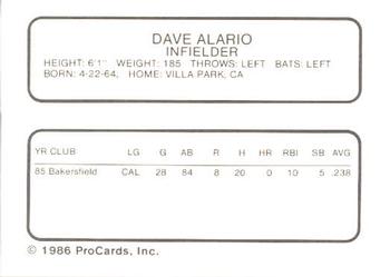 1986 ProCards Bakersfield Dodgers #NNO Dave Alarid Back