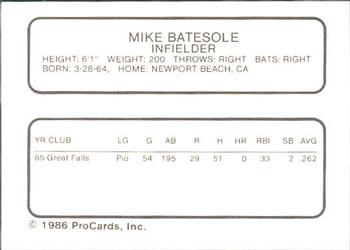 1986 ProCards Bakersfield Dodgers #NNO Mike Batesole Back