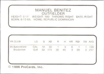 1986 ProCards Bakersfield Dodgers #NNO Manuel Benitez Back