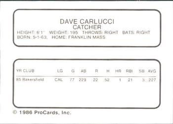 1986 ProCards Bakersfield Dodgers #NNO Dave Carlucci Back