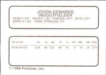 1986 ProCards Bakersfield Dodgers #NNO Jovon Edwards Back