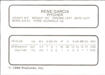1986 ProCards Bakersfield Dodgers #NNO Rene Garcia Back