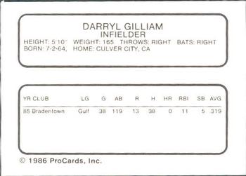 1986 ProCards Bakersfield Dodgers #NNO Darryl Gilliam Back