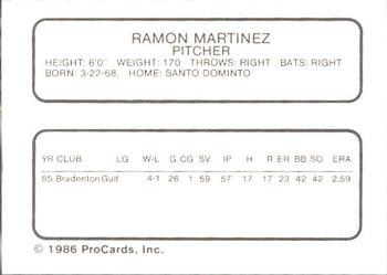 1986 ProCards Bakersfield Dodgers #NNO Ramon Martinez Back