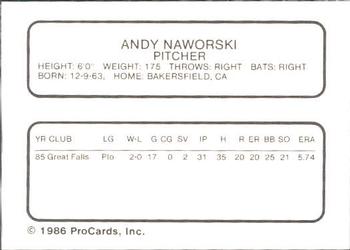 1986 ProCards Bakersfield Dodgers #NNO Andy Naworski Back