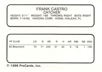 1986 ProCards Beaumont Golden Gators #NNO Frank Castro Back