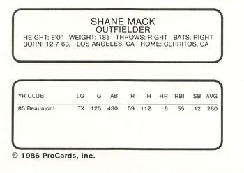 1986 ProCards Beaumont Golden Gators #NNO Shane Mack Back