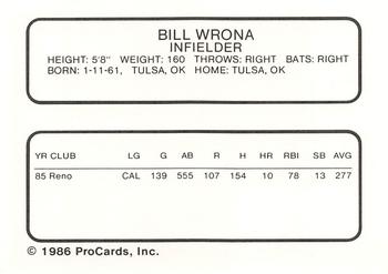 1986 ProCards Beaumont Golden Gators #NNO Bill Wrona Back