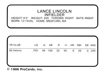 1986 ProCards Beloit Brewers #13 Lance Lincoln Back