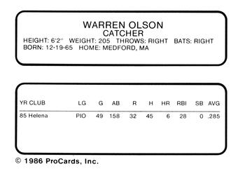 1986 ProCards Beloit Brewers #18 Warren Olson Back