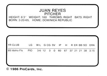 1986 ProCards Beloit Brewers #19 Juan Reyes Back