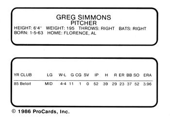 1986 ProCards Beloit Brewers #21 Greg Simmons Back