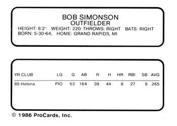 1986 ProCards Beloit Brewers #22 Bob Simonson Back