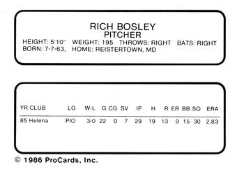 1986 ProCards Beloit Brewers #2 Rich Bosley Back