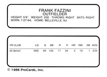 1986 ProCards Beloit Brewers #6 Frank Fazzini Back