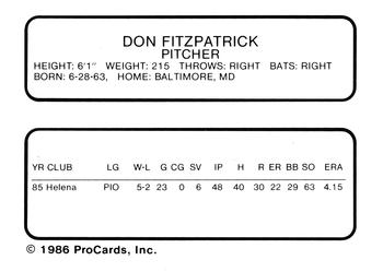 1986 ProCards Beloit Brewers #7 Dan Fitzpatrick Back