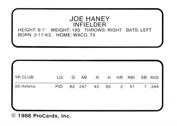 1986 ProCards Beloit Brewers #9 Joe Haney Back