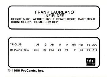 1986 ProCards Burlington Expos #13 Frank Laureano Back