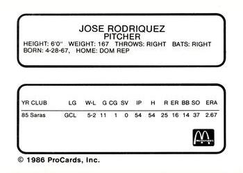 1986 ProCards Burlington Expos #18 Jose Rodriguez Back