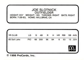 1986 ProCards Burlington Expos #20 Joe Slotnick Back