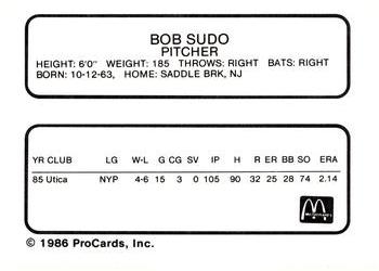 1986 ProCards Burlington Expos #22 Bob Sudo Back