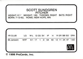 1986 ProCards Burlington Expos #23 Scott Sundgren Back