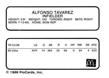 1986 ProCards Burlington Expos #24 Alfonso Tavarez Back