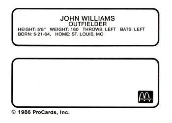 1986 ProCards Burlington Expos #27 John Williams Back