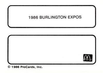 1986 ProCards Burlington Expos #28 1986 Burlington Expos Back