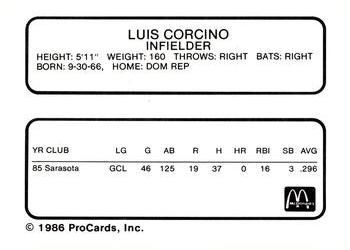 1986 ProCards Burlington Expos #3 Luis Corcino Back