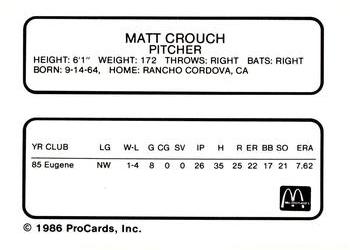 1986 ProCards Burlington Expos #4 Matt Crouch Back