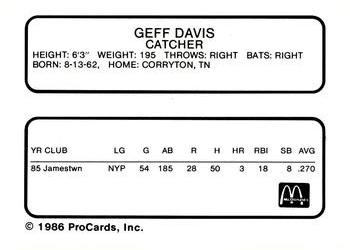 1986 ProCards Burlington Expos #5 Geff Davis Back