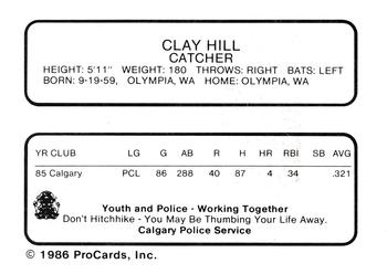 1986 ProCards Calgary Cannons #12 Clay Hill Back