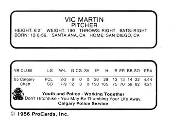 1986 ProCards Calgary Cannons #13 Vic Martin Back