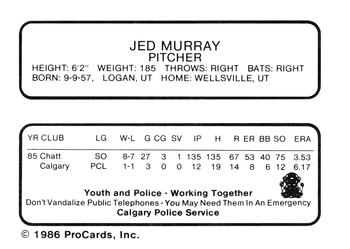 1986 ProCards Calgary Cannons #17 Jed Murray Back