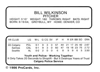1986 ProCards Calgary Cannons #25 Bill Wilkinson Back