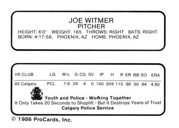 1986 ProCards Calgary Cannons #26 Joe Whitmer Back