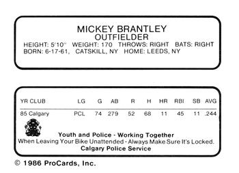 1986 ProCards Calgary Cannons #2 Mickey Brantley Back