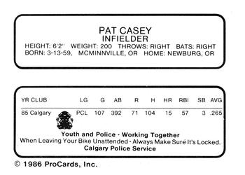 1986 ProCards Calgary Cannons #4 Pat Casey Back