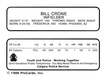 1986 ProCards Calgary Cannons #5 Bill Crone Back