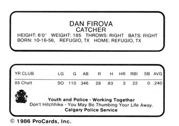 1986 ProCards Calgary Cannons #9 Dan Firova Back
