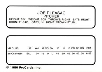 1986 ProCards Charleston Rainbows #21 Joe Plesac Back
