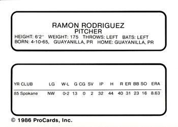 1986 ProCards Charleston Rainbows #22 Ramon Rodriguez Back