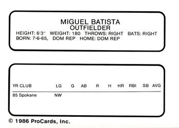 1986 ProCards Charleston Rainbows #2 Miguel Batista Back