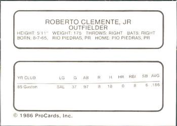 1986 ProCards Charleston Rainbows #7 Roberto Clemente Jr. Back