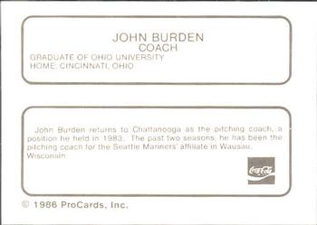 1986 ProCards Chattanooga Lookouts #6 John Burden Back