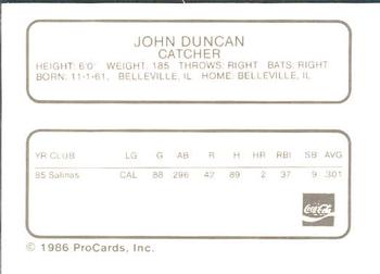 1986 ProCards Chattanooga Lookouts #9 John Duncan Back