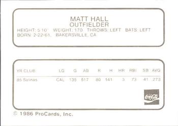 1986 ProCards Chattanooga Lookouts #11 Matt Hall Back