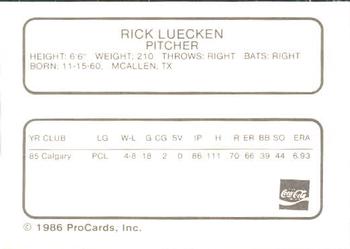 1986 ProCards Chattanooga Lookouts #16 Rick Luecken Back