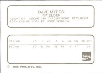 1986 ProCards Chattanooga Lookouts #21 Dave Myers Back
